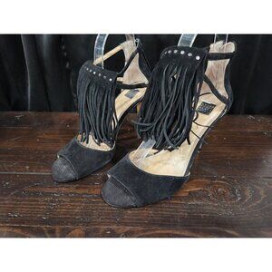 White House Black Market Delilah Black Suede Fringe Stiletto Heels Size 7.5M